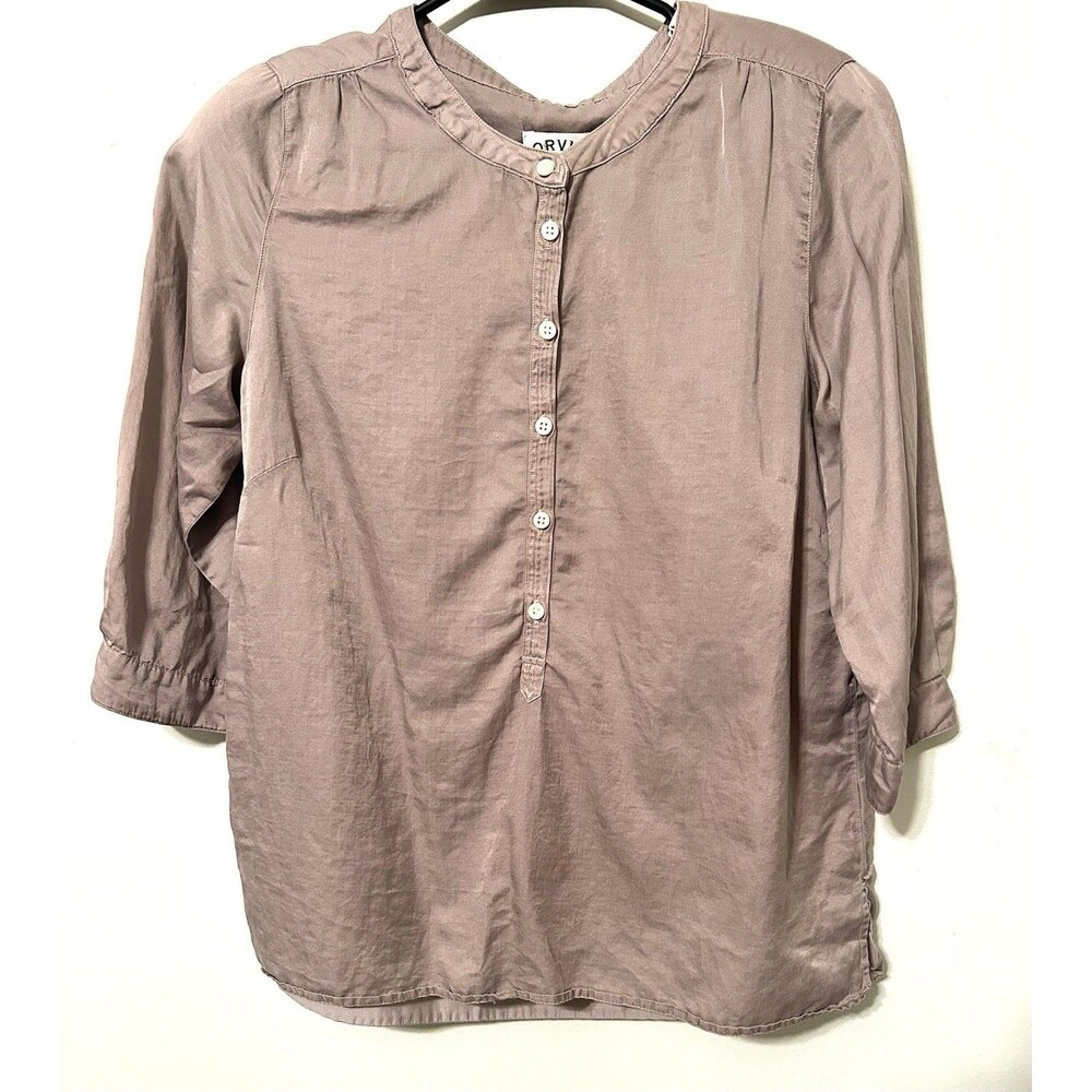 Orvis Blouse Medium Taupe Cotton Silk 3/4 Sleeve Button Minimalist Quiet Luxury